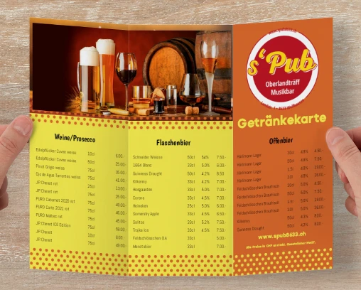 Original-Getränkekarte des s’Pub, Seite 1
