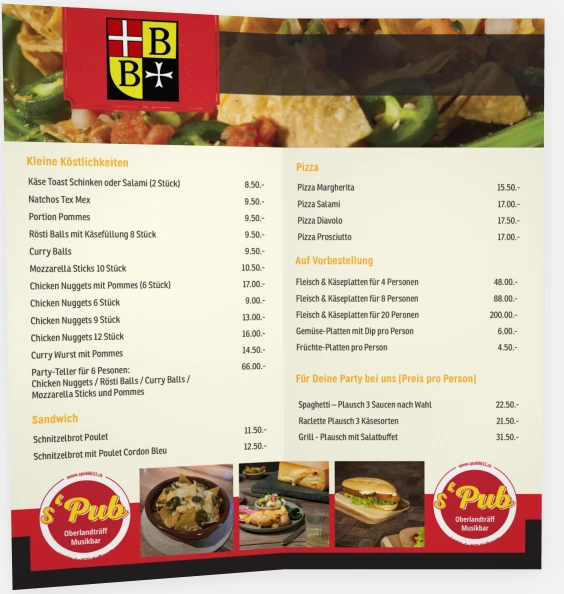 Original-Speisekarte des s’Pub, Seite 2, Snacks, Pizzen und weitere Gerichte